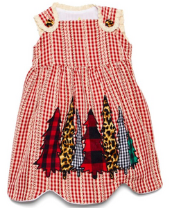 Red gingham Christmas tree scallop hem A-line dress