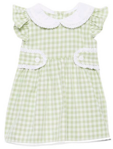 Mint gingham angel sleeves A-line dress with lace accent