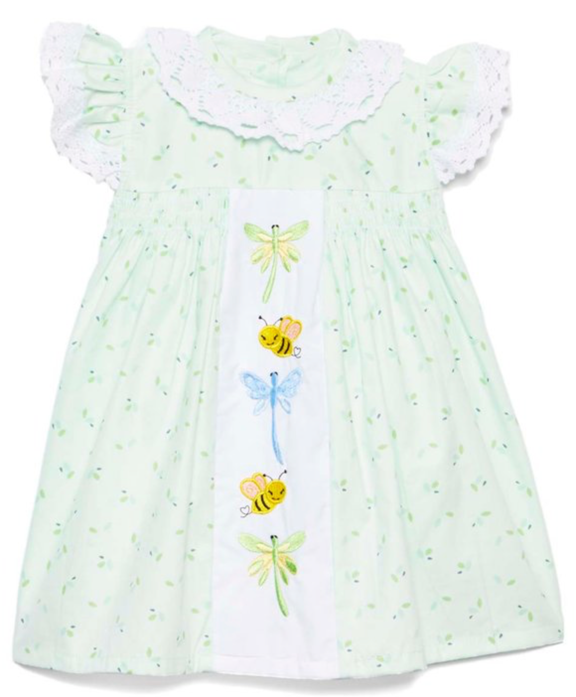 light green dragonfly and bee A line dress with lace-trim