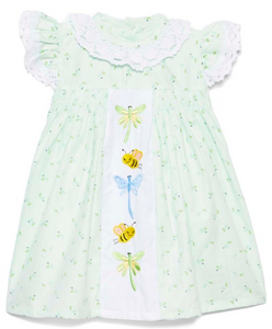 light green dragonfly and bee A line dress with lace-trim