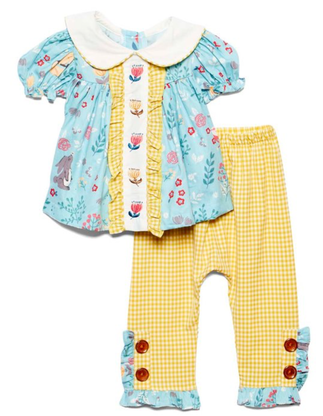 Blue and yellow gingham Peter-collar flower top and pant set