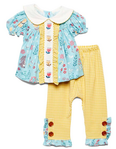 Blue and yellow gingham Peter-collar flower top and pant set