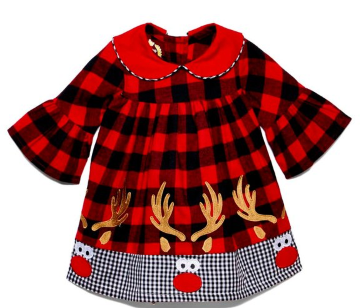 Red and Black buffalo plaid Reindeer baby doll dress