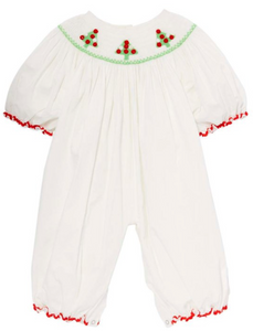 White Pom Pom Christmas tree hand-smocked playsuits