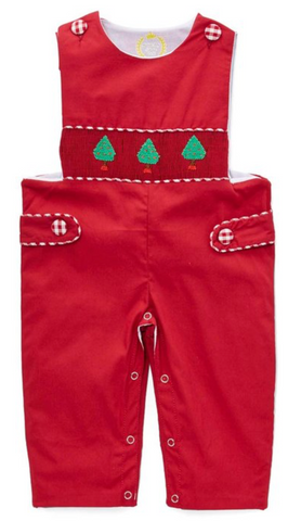 red hand-smocked Christmas tree longalls