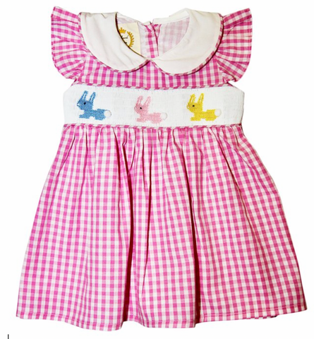 Pink Gingham Peter Pan Collar Hand-Smocked Rabbit Dress