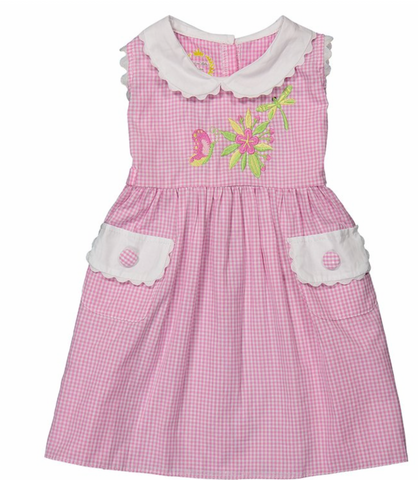 Pink gingham Peter-pan collar flower and butterfly dress