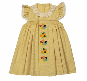 Mustard yellow gingham turkey A line dress with lace-trim