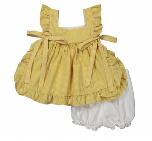 Mustard yellow gingham flower smocked ruffle Top and Bloomer Set