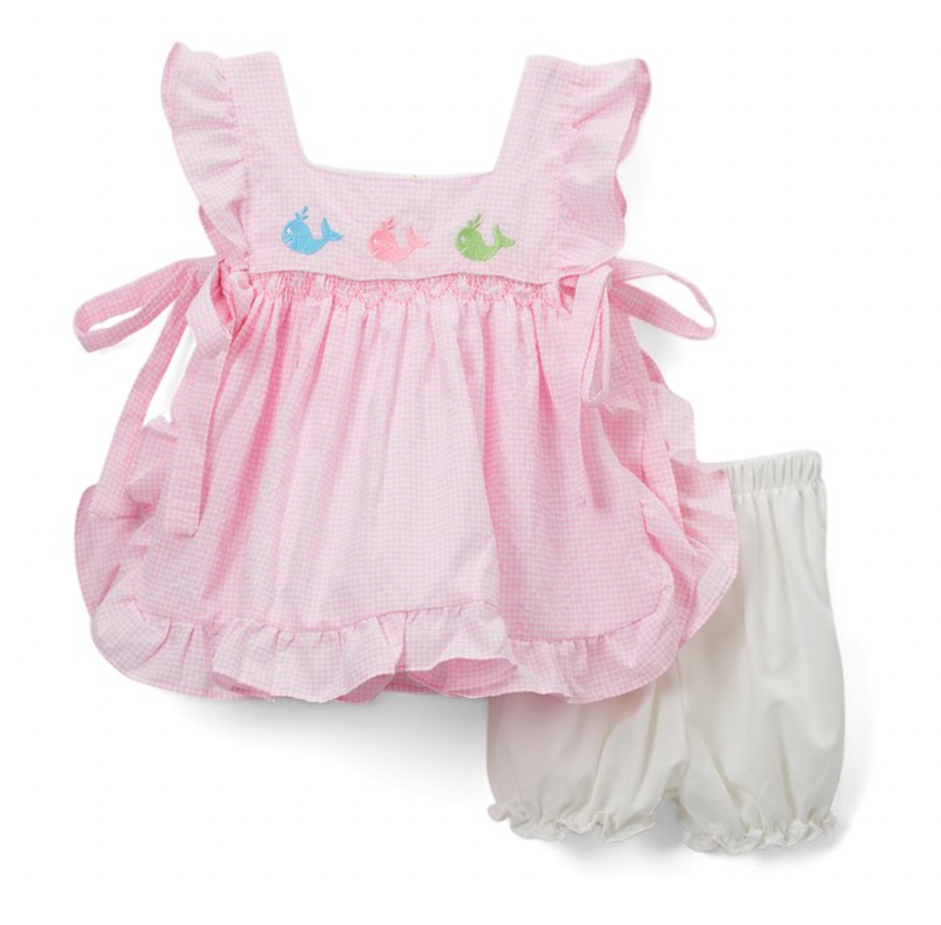 Pink gingham whale smocked ruffle Top and Bloomer Set