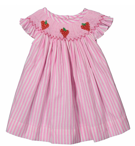 Pink stripe strawberry Hand-Smocked Bishop Dress