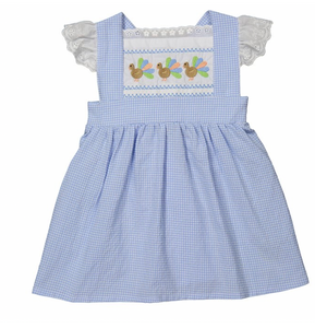 Light blue gingham turkey apron dress with lace-trim