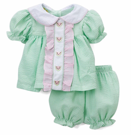 Green and pink seersucker watermelon Top and Bloomer Set