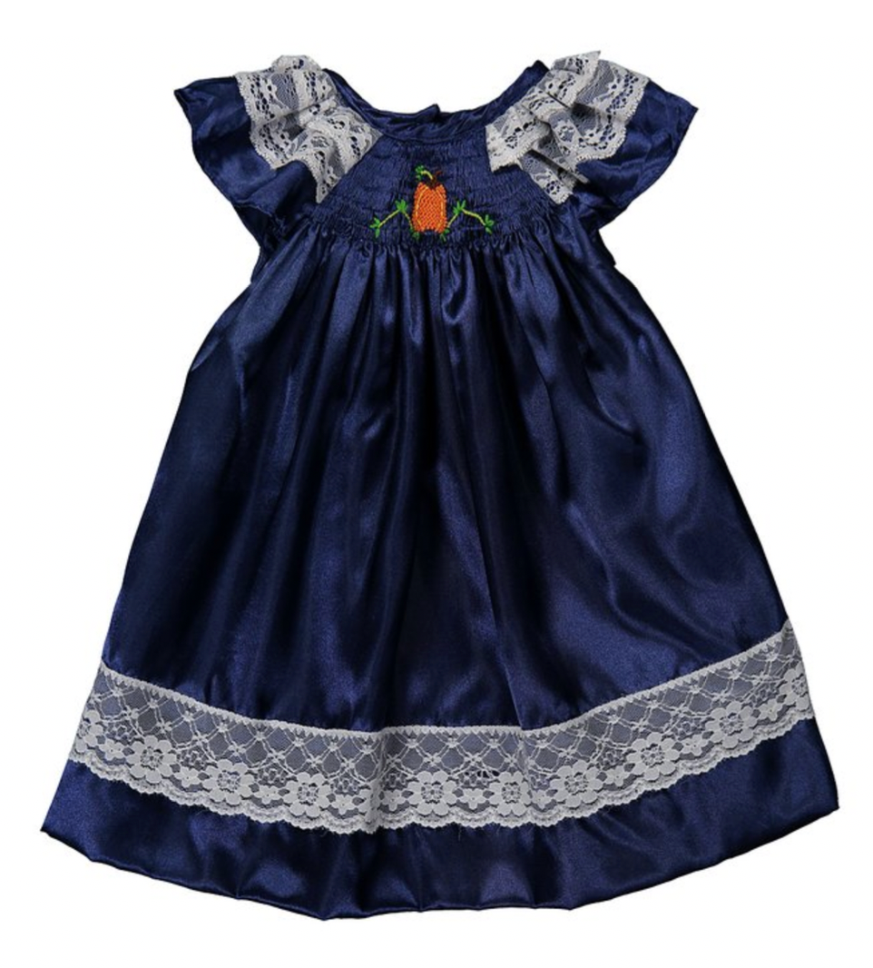 Dark blue Satin Pumpkin Hand-Smocked Bishop Dress