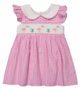 Pink Gingham Peter Pan Collar flamingo Hand-Smocked Dress