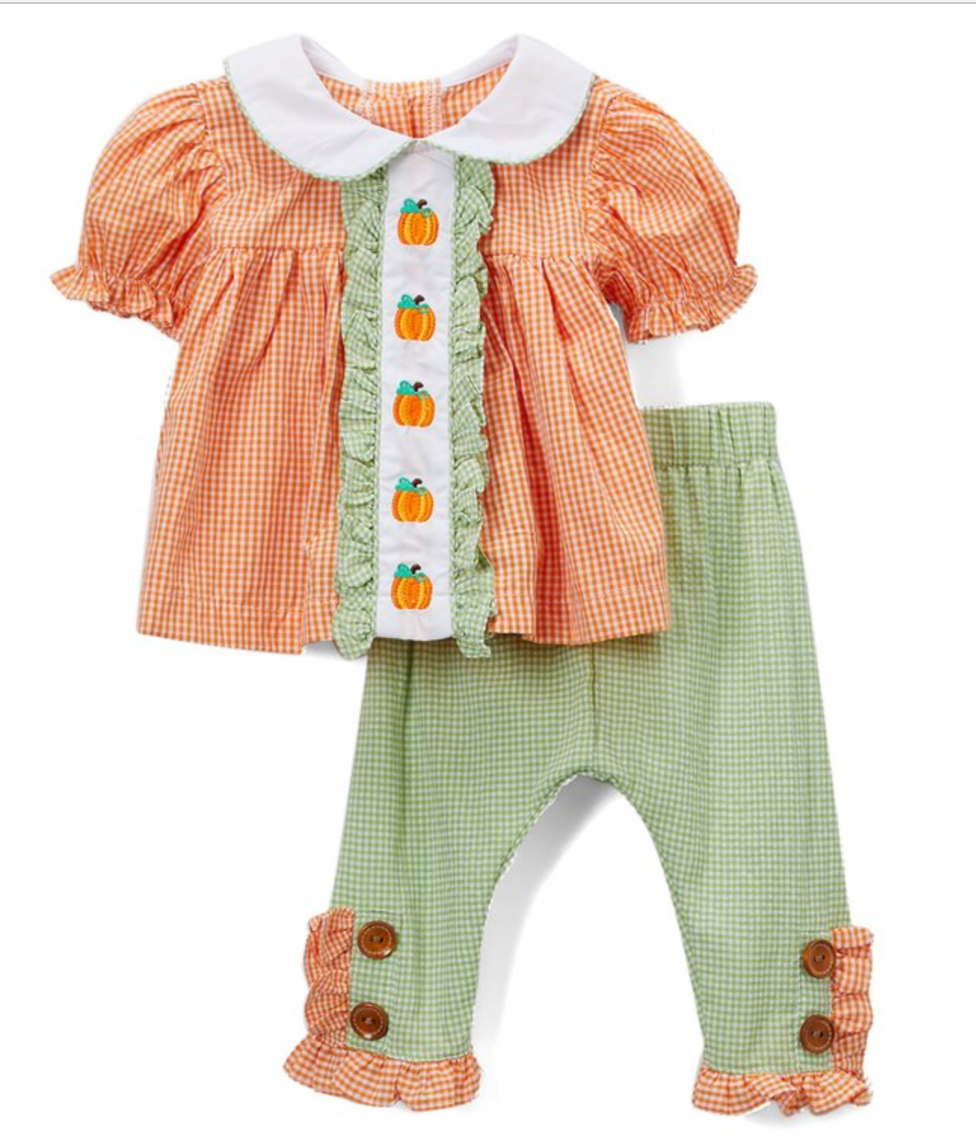 Orange gingham Peter-collar pumpkin top and pant set