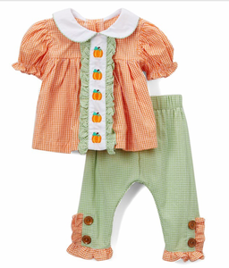 Orange gingham Peter-collar pumpkin top and pant set