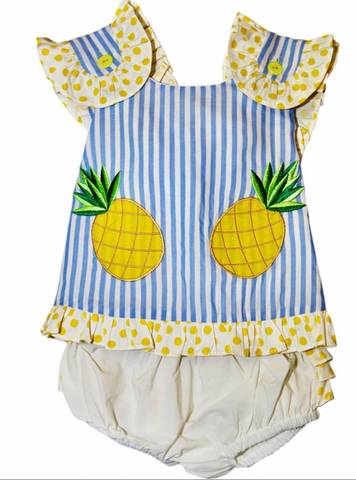 Light blue stripe Pineapple Ruffle-Trim Top with Cross Back and Bloomer Set