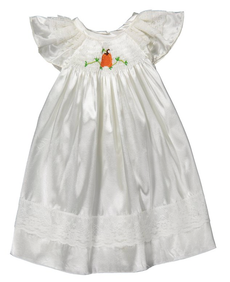 White Satin Pumpkin Hand-Smocked Bishop Dress