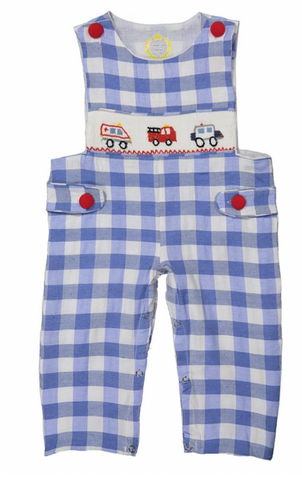 Light blue buffalo plaid hand-smocked emergency vehicle longalls