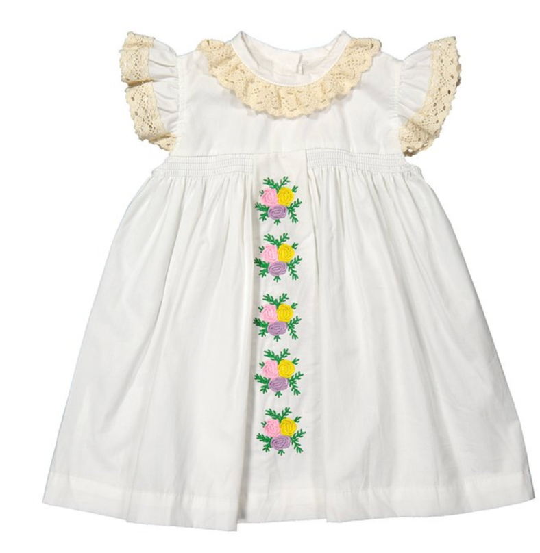 Ivory flower A line dress with lace-trim