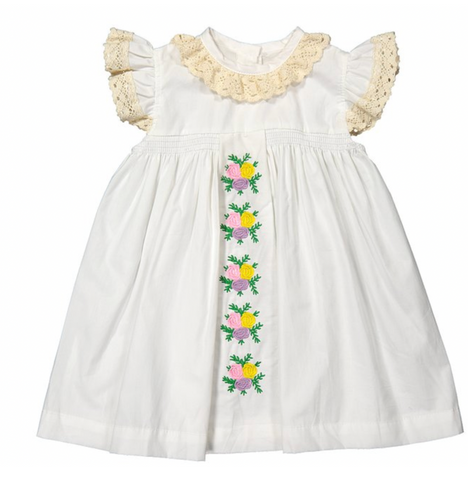 Ivory flower A line dress with lace-trim