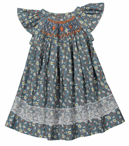 Blue floral Hand-Smocked Bishop Dress