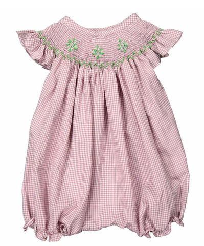 Mauve gingham flower hand-smocked romper