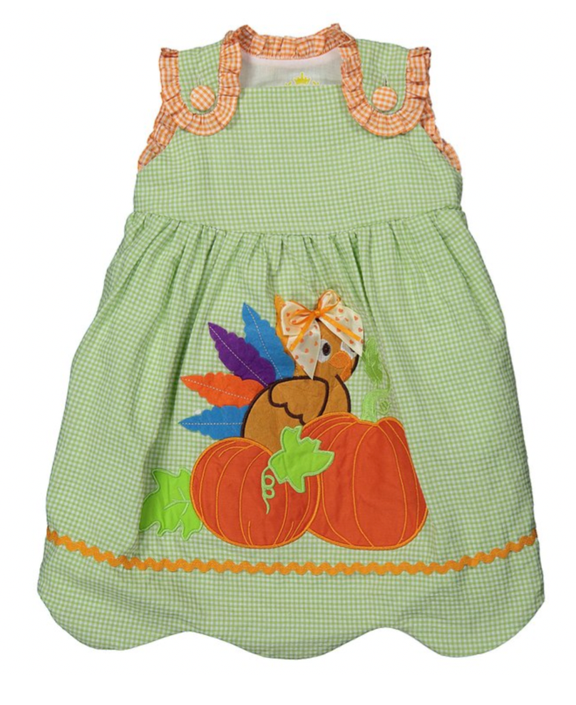 Green gingham Turkey and Pumpkin A-line dress