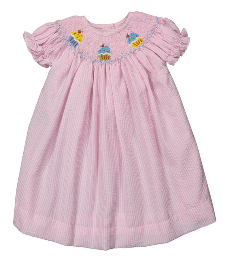 Pink seersucker cupcake Hand-Smocked Bishop Dress