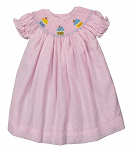 Pink seersucker cupcake Hand-Smocked Bishop Dress