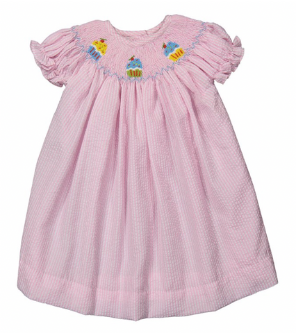 Pink seersucker cupcake Hand-Smocked Bishop Dress