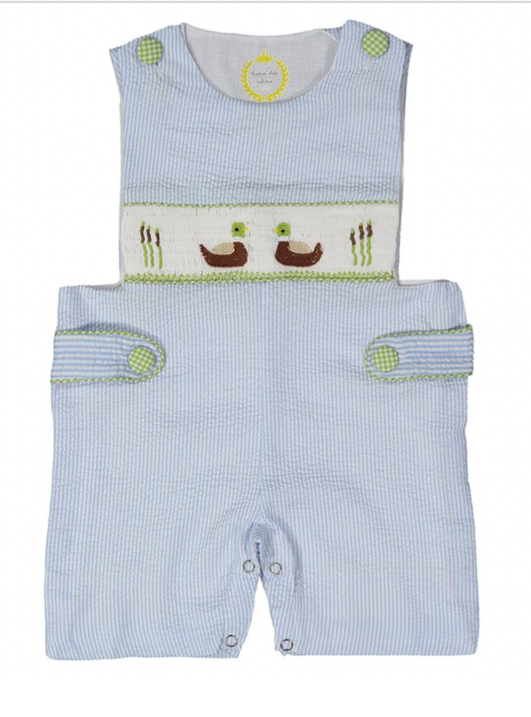 Light blue seersucker mallard Hand-Smocked Shortalls