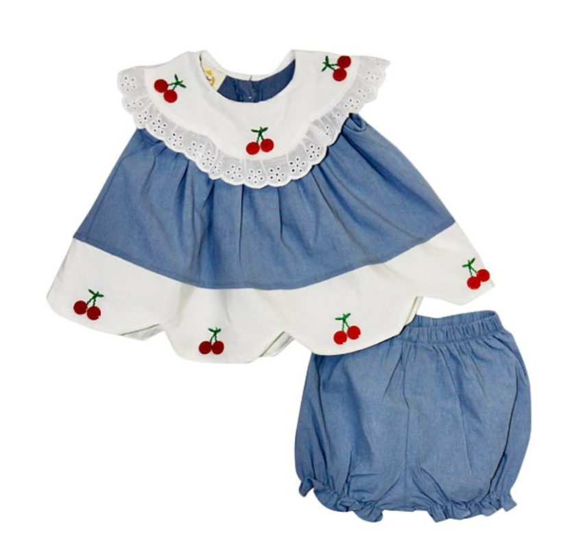 Blue and White Cherry Scallop Edge Top and Bloomer Set