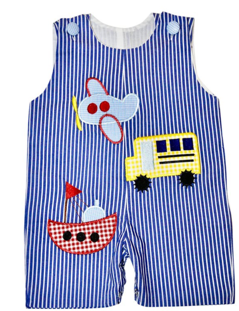 Dark Blue and White Stripe Transport Embroidered Romper