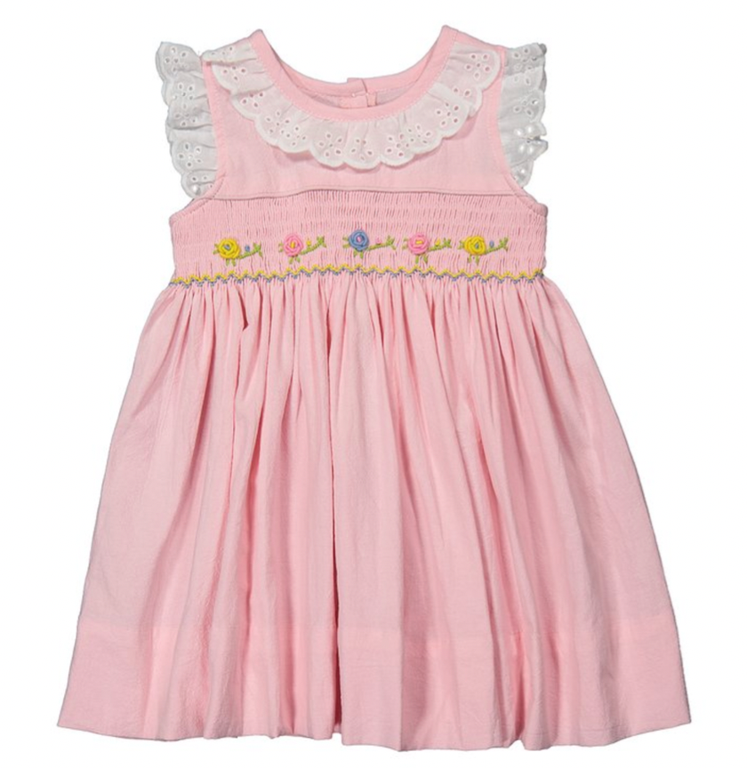 Light pink flower Hand-Smocked Dress with lace-trim