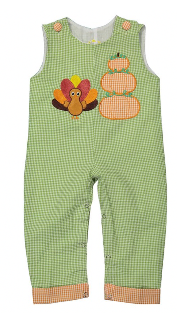 Green gingham turkey and pumpkin Overall